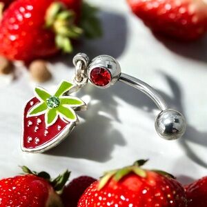 14g 3/8 Red Gemstone Curved Barbell w/ Strawberry Charm - Navel Piercing Jewelry